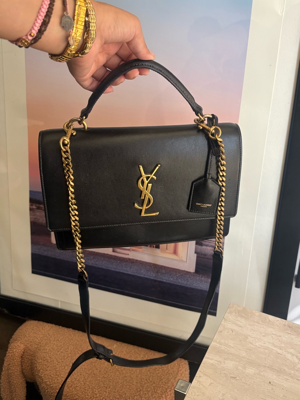 Saint Laurent Black Leather Shoulder Bag with Gold Hardware